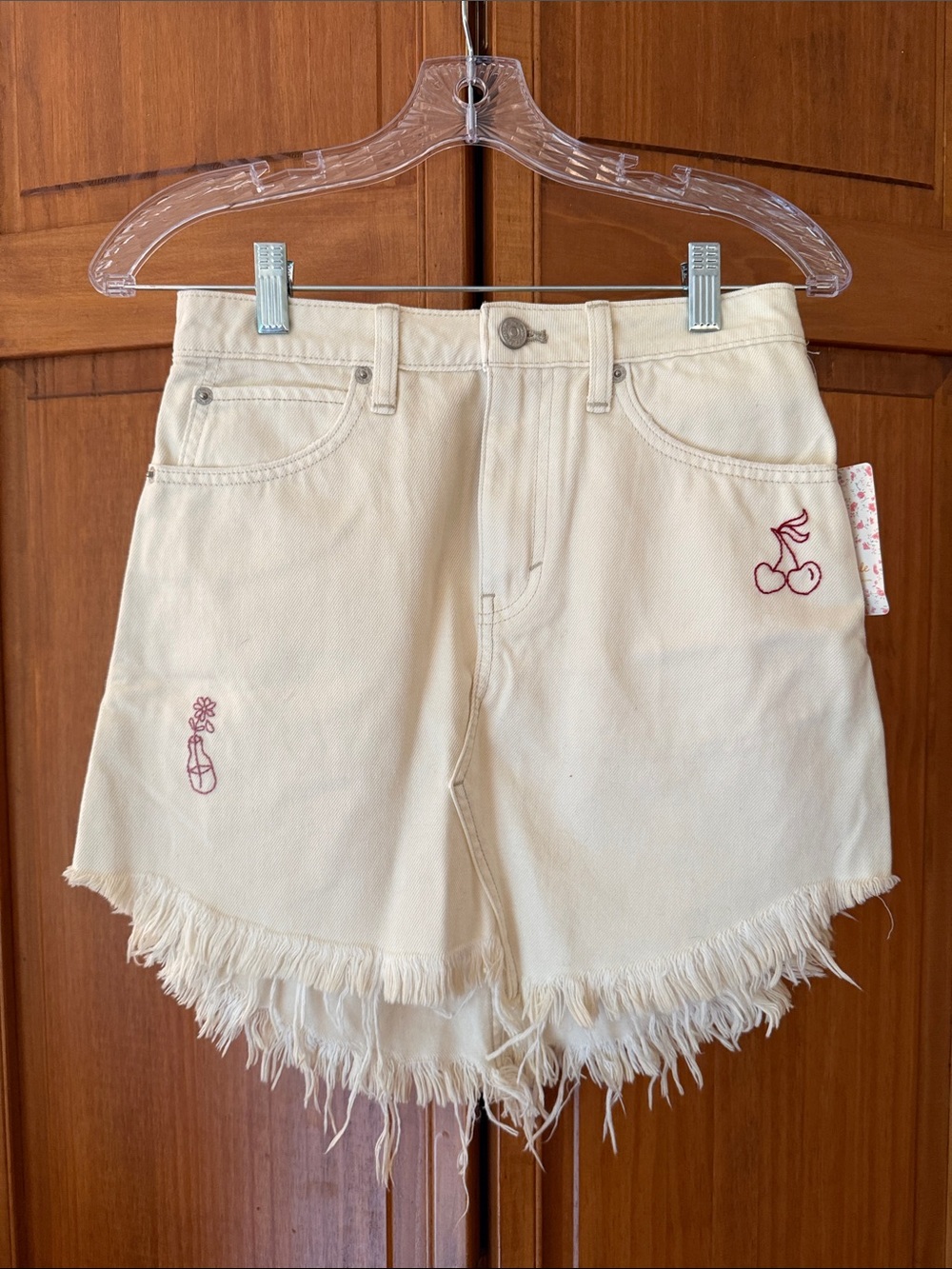 Cream Embroidered Frayed Hem Mini Skirt